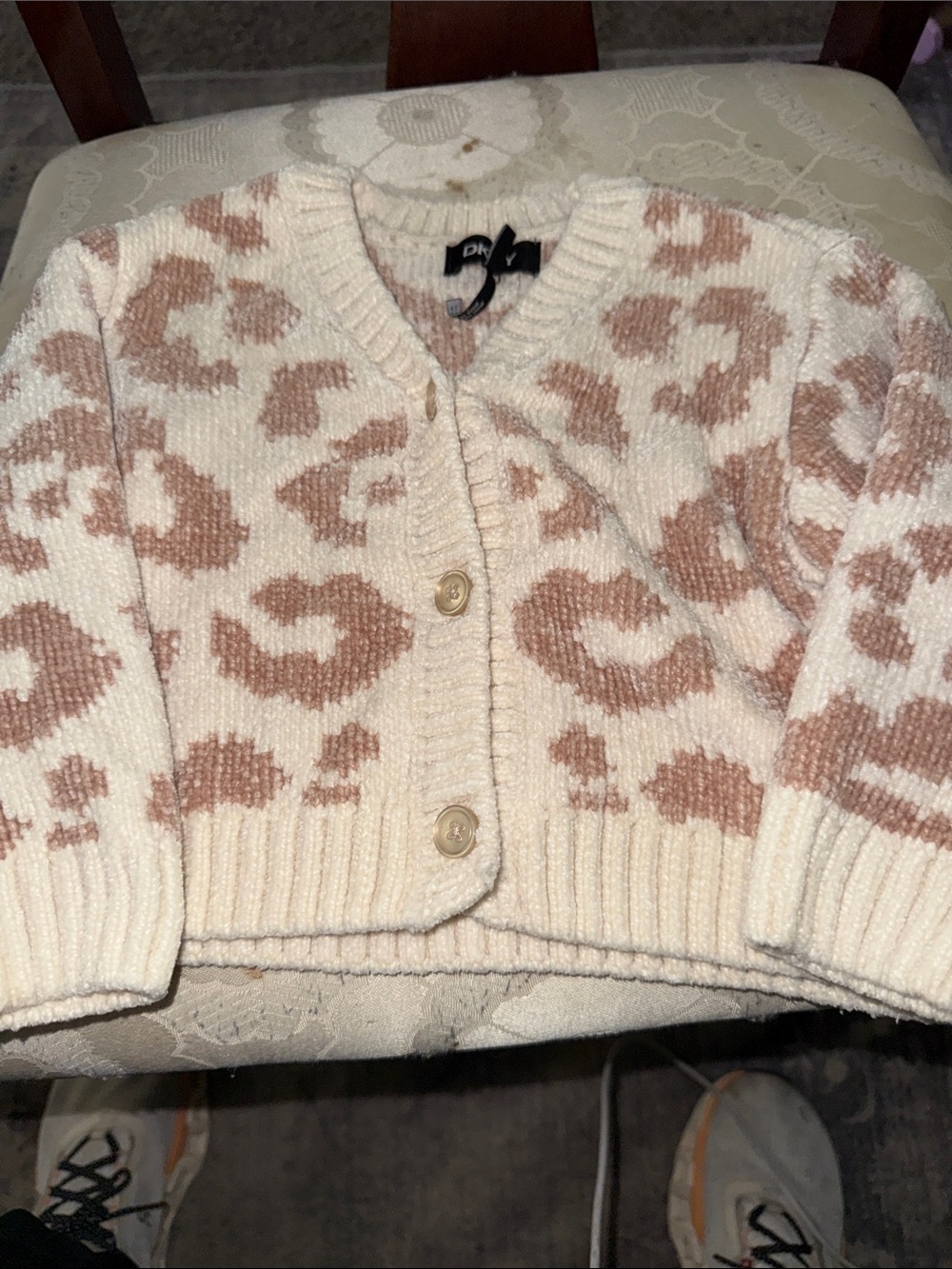 DKNYC Cream Cardigan with Blush Leopard Print